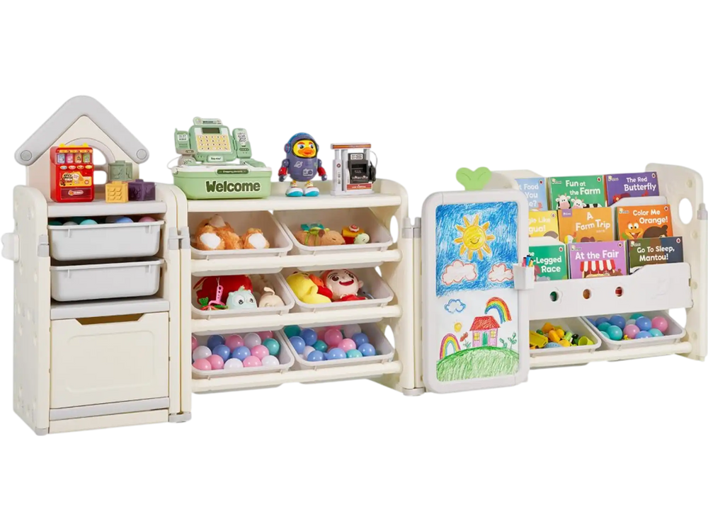 VEVOR Kids Toy Storage with Bookshelf, 4-Tier Large Toy Storage Organizer with 10 Plastic Movable Bins, Kids Cubby Cabinet with Bookshelf and Drawing Board for Study Room, Playroom, Classroom, Nursery