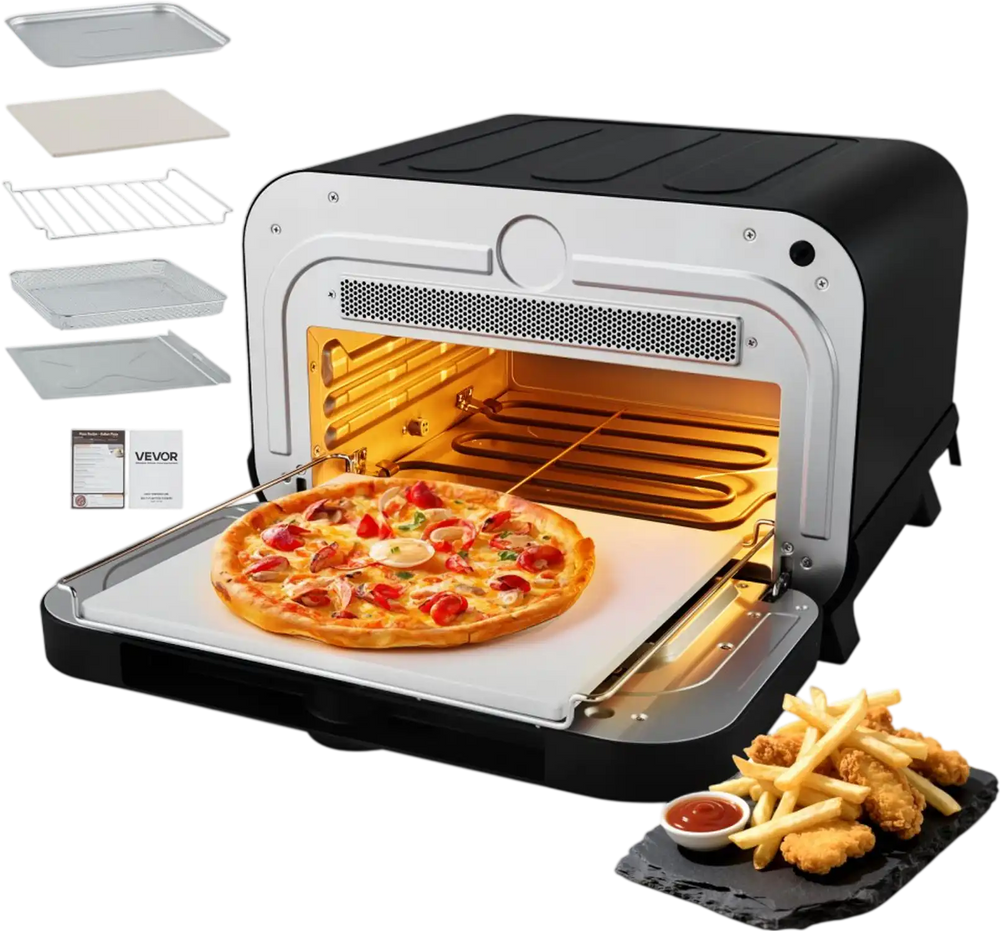 VEVOR Pizza Oven, 8 Presets Electric Pizza Ovens Air Fry Combo, 12-Inch Indoor Pizza Maker Smart Knob Control , 750°F Max Temp, IPX4 Waterproof Countertop Pizza Cooker w/Pizza Stone,Fry Basket