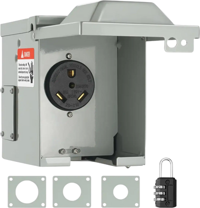 VEVOR 30 Amp RV Power Outlet Box, 125/250 Volt, Enclosed Lockable Outdoor RV Receptacle Box, NEMA TT-30R Weatherproof Electrical Panel, for RV Camper Trailer Motorhome Tested toStandards