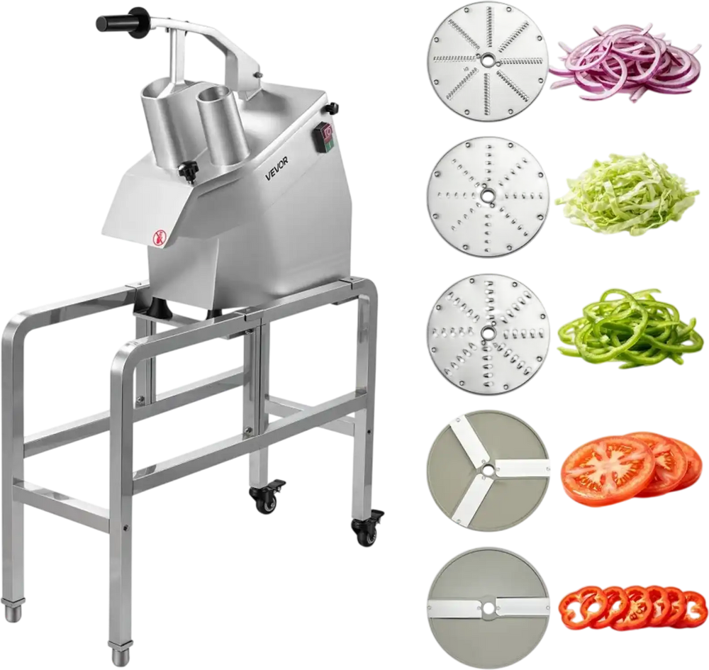 VEVOR Commercial Food Processor 550W Electric Vegetable Cutter with 5 Discs, for Chopping Vegetables Fruit, 2 Feeding Holes, 3 mm/4 mm/7 mm Shreds, 2 mm/4 mm Slices, Potato Slicer, with Floor Stand