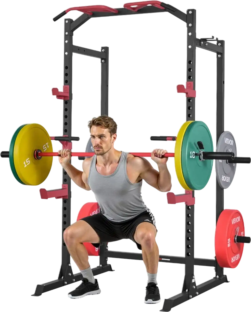VEVOR Power Cage Power Rack, Multifunctional Barbell Squat Rack with Adjustable Height, Home Gym Strength Training Workout Equipment with J-Hooks & More Fitness Attachment for Bench Press Pull-Up Dips