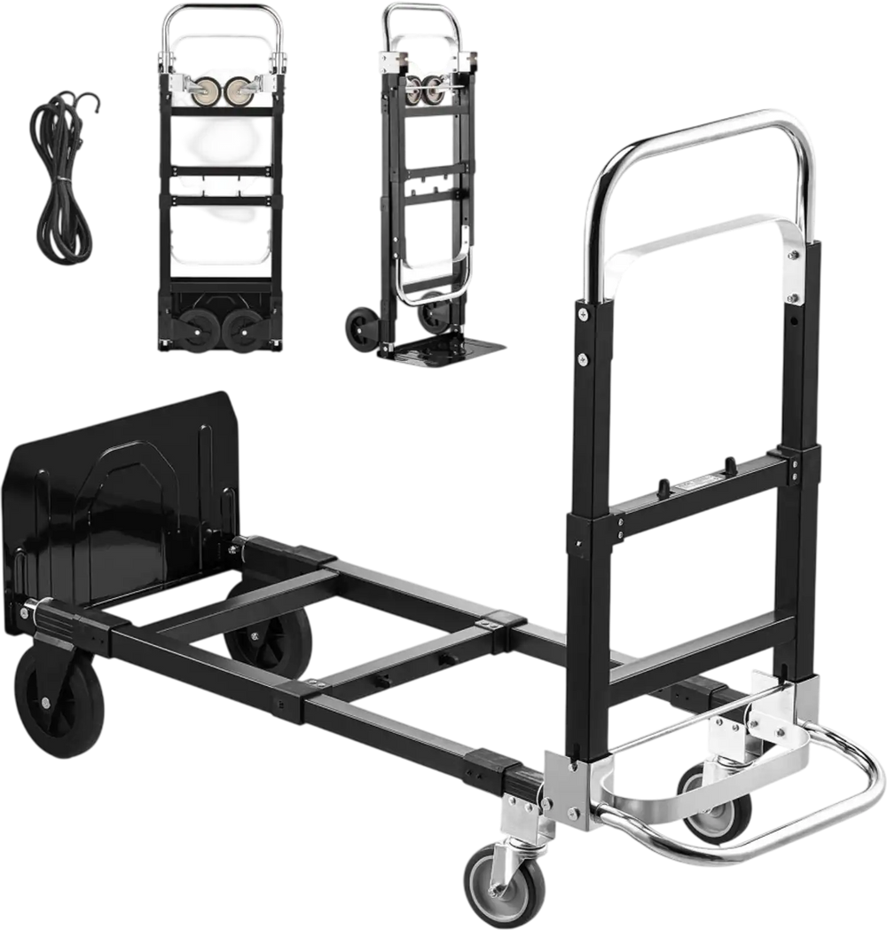 VEVOR 2 in 1 Folding Hand Truck, 500 lbs Load Capacity for 4-Wheel Mode, Convertible Hand Truck Dolly with Wheels & Adjustable Handle, Portable Trolley Dolly for Moving Home, Office, Warehouse