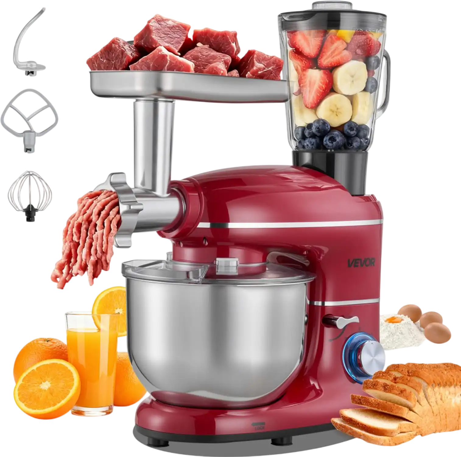 Vevor Stand Mixer 6 Qt 660W 5-in-1 Tilt-Head Food Mixer with 1.6 Qt Blender Cup Red New