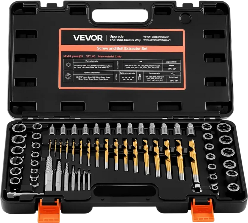 VEVOR Screw Extractor Set with Drill Bits, 65 Pieces, Easy Out Nut Bolt Extractors and Drill Bits, with Adapters, Solid Storage Case, Cr-Mo Steel for Removing Rounded, Broken, or Stripped Fasteners