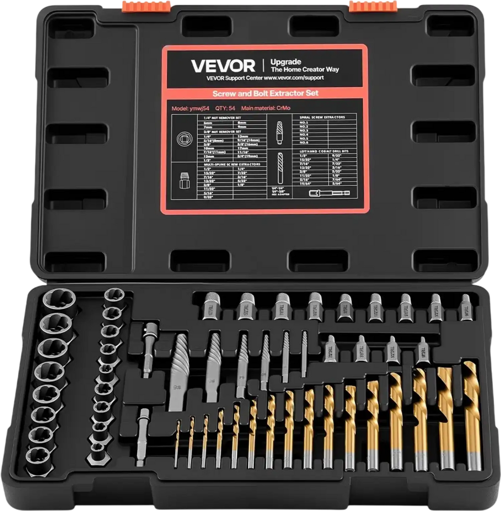 VEVOR Screw Extractor Set with Drill Bits, 54 Pieces, Easy Out Nut Bolt Extractors and Drill Bits, with Adapters, Solid Storage Case, Cr-Mo Steel for Removing Rounded, Broken, or Stripped Fasteners
