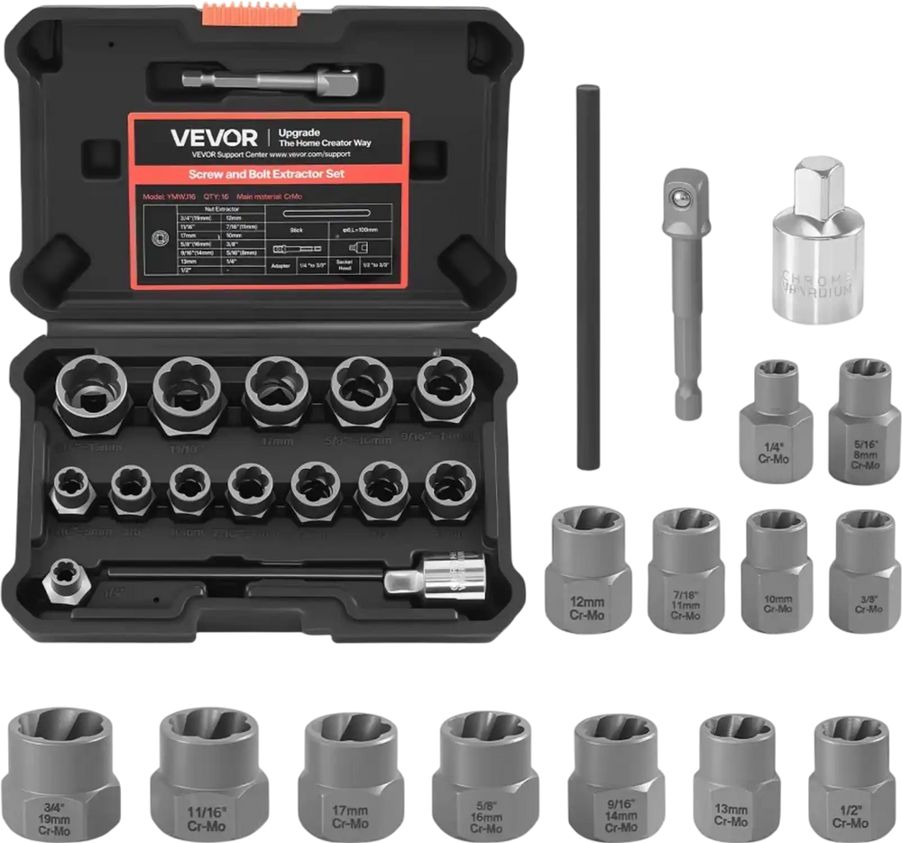 VEVOR Bolt Extractor Kit, 16 Pieces Impact Bolt & Nut Remover Set with Adapters and Pin Punch, Solid Storage Case, Cr-Mo Steel for Removing Damaged, Rusted, Stripped, Rounded Bolts, Nuts and Screws