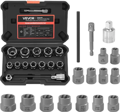 VEVOR Bolt Extractor Kit, 16 Pieces Impact Bolt & Nut Remover Set with Adapters and Pin Punch, Solid Storage Case, Cr-Mo Steel for Removing Damaged, Rusted, Stripped, Rounded Bolts, Nuts and Screws