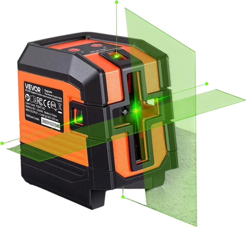 VEVOR Self Leveling Laser Level 98.4 ft Green Cross Line with 4-Point Laser, for Picture Hanging, Tile, DIY Construction, Manual, Self-Leveling, Pulse Modes, IP54 Water-Resistant, 8H Runtime, Tool Case