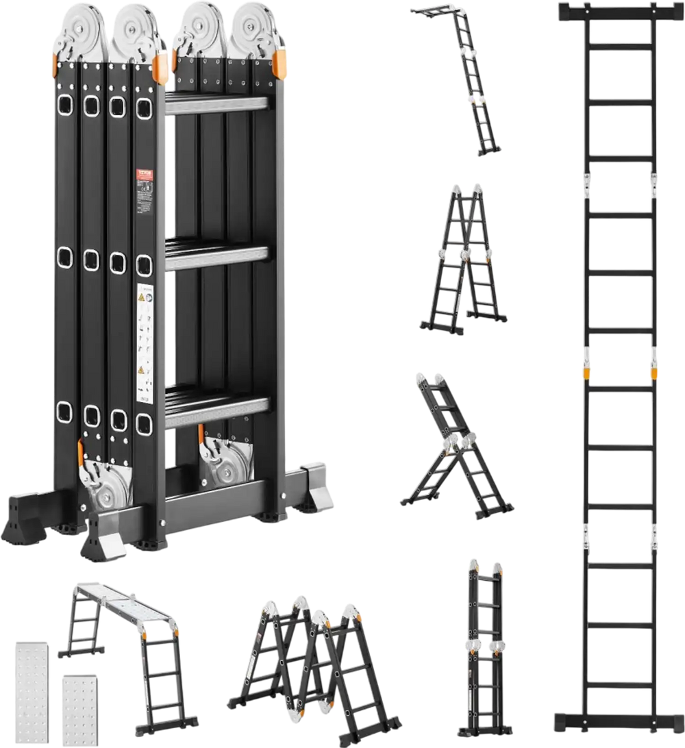 VEVOR Multi-Purpose Folding Ladder, 7-in-1 Tall Extension Step Ladder, A Frame 3 Step with Scaffolding Plank Telescoping Ladder, 12ft Reach Height Heavy Duty Ladder, 330 lbs Capacity for Home Outdoor