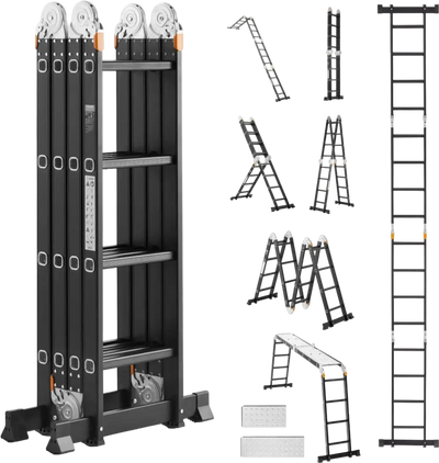 VEVOR Multi-Purpose Folding Ladder, 7-in-1 Tall Extension Step Ladder, A Frame 4 Step with Scaffolding Plank Telescoping Ladder, 15.5ft Reach Height Heavy Duty , 330 lbs Capacity for Home Outdoor
