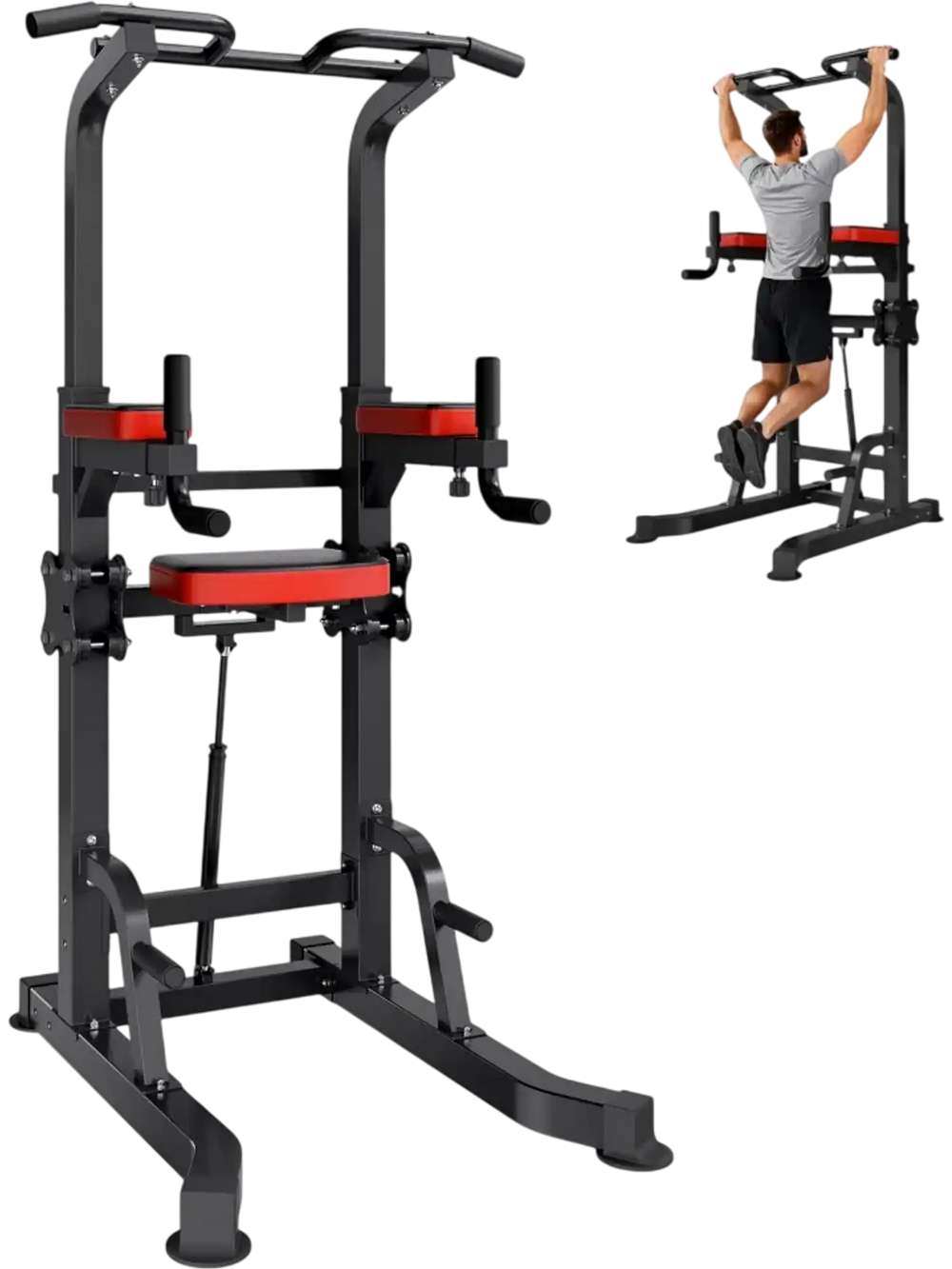 VEVOR Pull Up Bar, 330 LBS Power Tower Dip Station, Workout Dip Station with H-Shaped Stable Base & Assistance Platform, Adjustable 9 Level Height Pullup Stand for Back, 3-Level Adjustable Elbow Pads