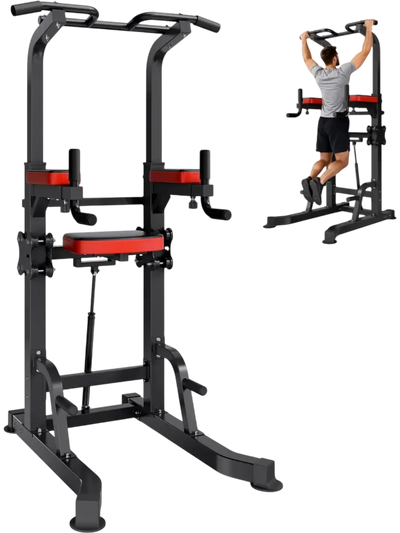 VEVOR Pull Up Bar, 330 LBS Power Tower Dip Station, Workout Dip Station with H-Shaped Stable Base & Assistance Platform, Adjustable 9 Level Height Pullup Stand for Back, 3-Level Adjustable Elbow Pads