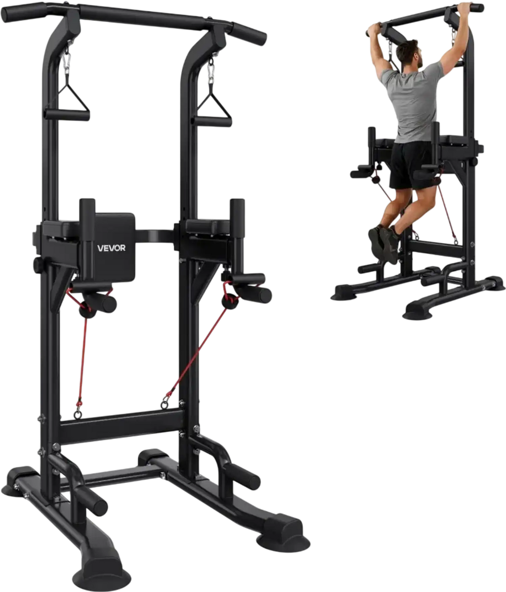 VEVOR Pull Up Bar, 330 LBS Power Tower Dip Station, Workout Dip Station with H-Shaped Stable Base & Back Pad, Adjustable 12 Level Height Free Standing Chin Up Bar for Back, 4-Level Adjustable Back Pad