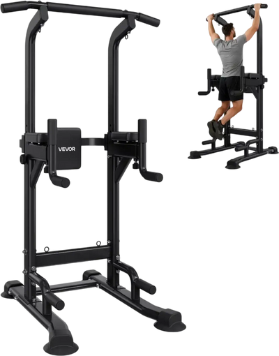 VEVOR Pull Up Bar, 330 LBS Power Tower Dip Station, Workout Dip Station with H-Shaped Stable Base & Back Pad, Adjustable 12 Level Height Free Standing Chin Up Bar for Back, 4-Level Adjustable Back Pad