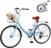 VEVOR Women Bike, 26 in Folding Beach Cruiser Bike, 7-Speed Adult City Bicycle with Steel Frame, 330 lbs Capacity, Basket, Rear Rack & Dual V-Brakes, Light Blue