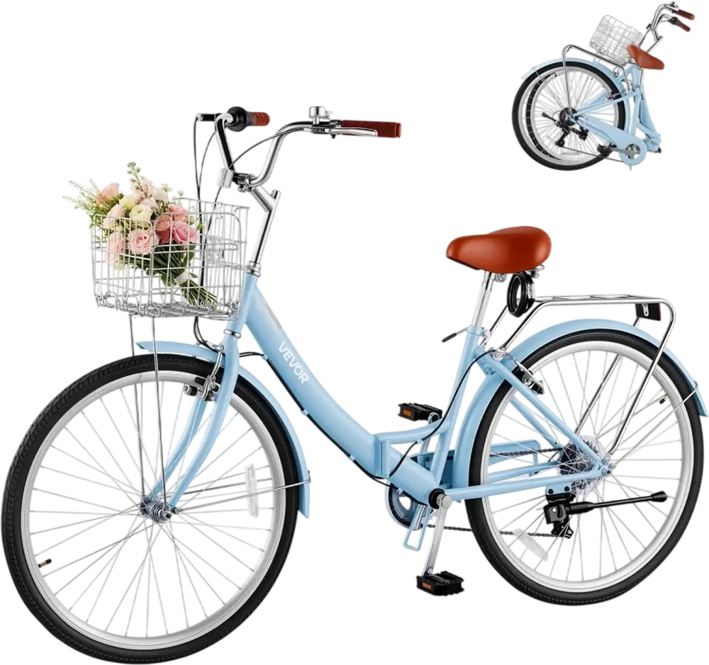 VEVOR Women Bike, 26 in Folding Beach Cruiser Bike, 7-Speed Adult City Bicycle with Steel Frame, 330 lbs Capacity, Basket, Rear Rack & Dual V-Brakes, Light Blue