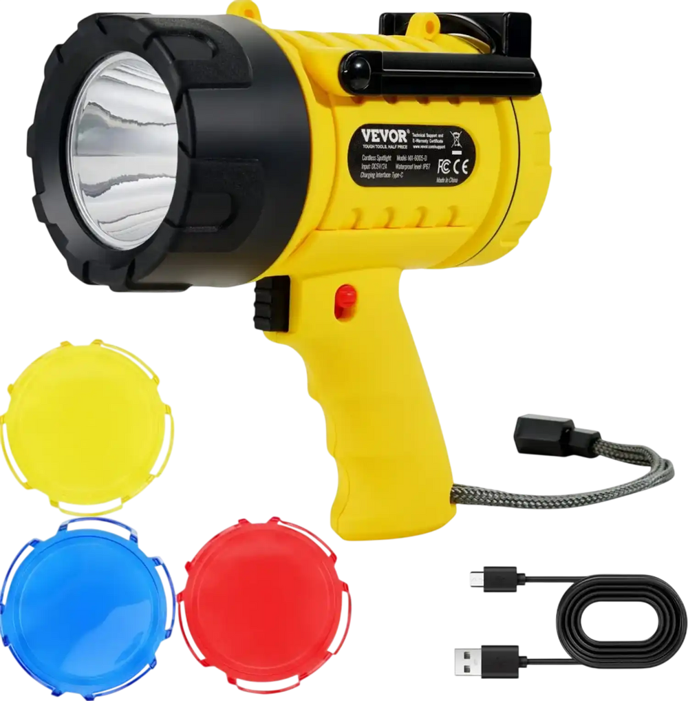 VEVOR Rechargeable Spotlight Flashlight, 1000,000 Lumens, IP67 Waterproof Handheld LED Spot Light, Super Bright Portable Searchlight with 4 Modes Detachable Lens USB Port, for Hunting Boating Camping