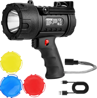 VEVOR Rechargeable Spotlight Flashlight, 200,000 Lumens, IP67 Waterproof Handheld LED Spot Light, Super Bright Portable Searchlight with 4 Modes Detachable Lens USB Port, for Hunting Boating Camping