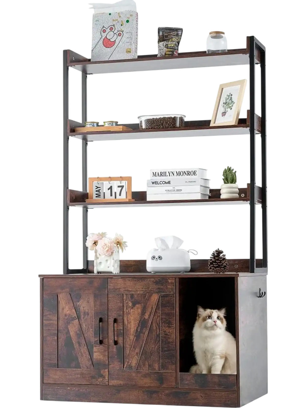 VEVOR Cat Litter Box Enclosure, Hidden Litter Box Furniture with 3 Storage Shelves, Wooden Cat Washroom Indoor, Large Cat House Cabinet Hidden Fit Most Litter Box, 33.5"L x 19.3"W x 58.7"H, Dark Brown