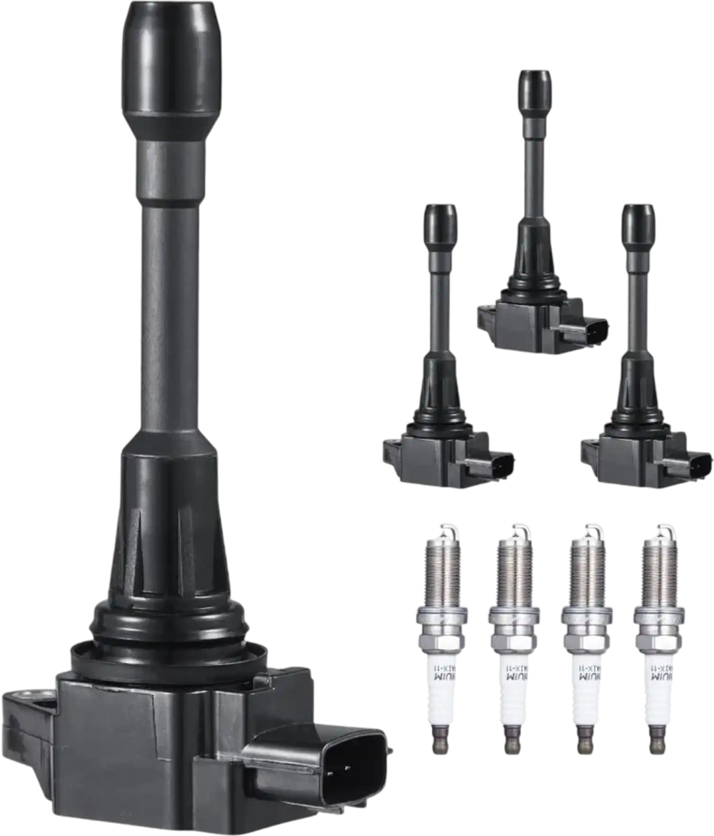 VEVOR Ignition Coil Pack and Spark Plugs, Set of 4, Compatible with Nissan Altima Versa Sentra Cube Rogue NV200 2.5L 2.0L 1.8L 1.6L L4, Replacement for 22448ED000 22448JA00A 22448JA00C 22448-JA00A