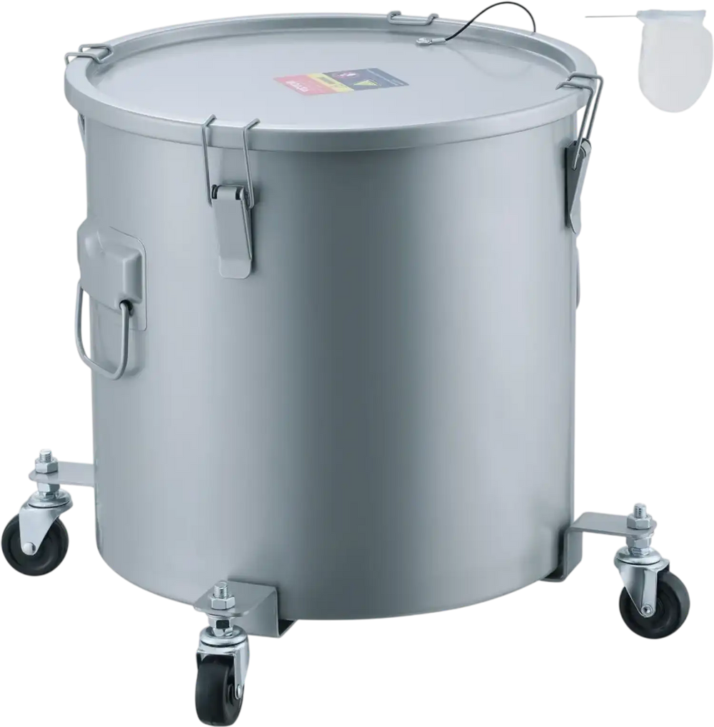 VEVOR Fryer Grease Bucket, 10 Gal Oil Disposal Caddy with Caster Base, Carbon Steel Rust-Proof Coating, Oil Transport Container with Lid, Lock Clips, Filter Bag for Hot Cooking Oil Filtering, Gray