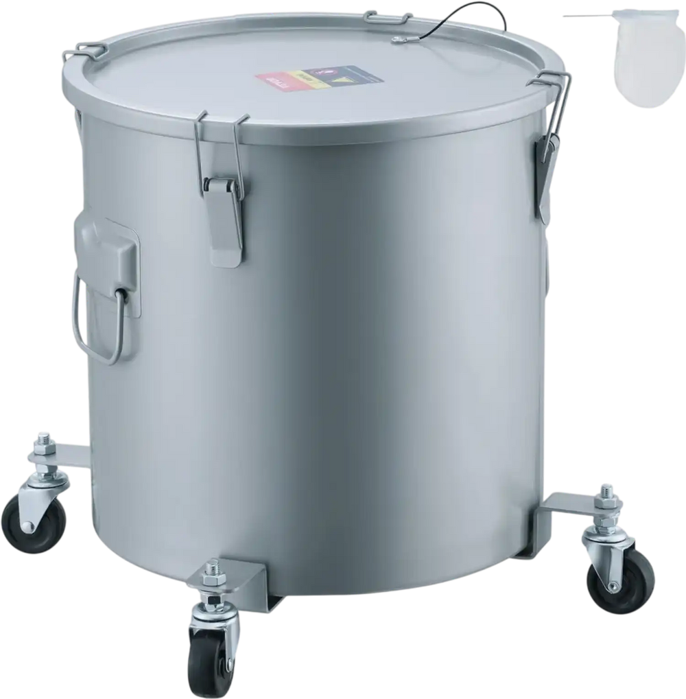 VEVOR Fryer Grease Bucket, 8 Gal Oil Disposal Caddy with Caster Base, Carbon Steel with Rust-Proof Coating, Oil Transport Container with Lid, Lock Clips, Filter Bag for Hot Cooking Oil Filtering, Gray