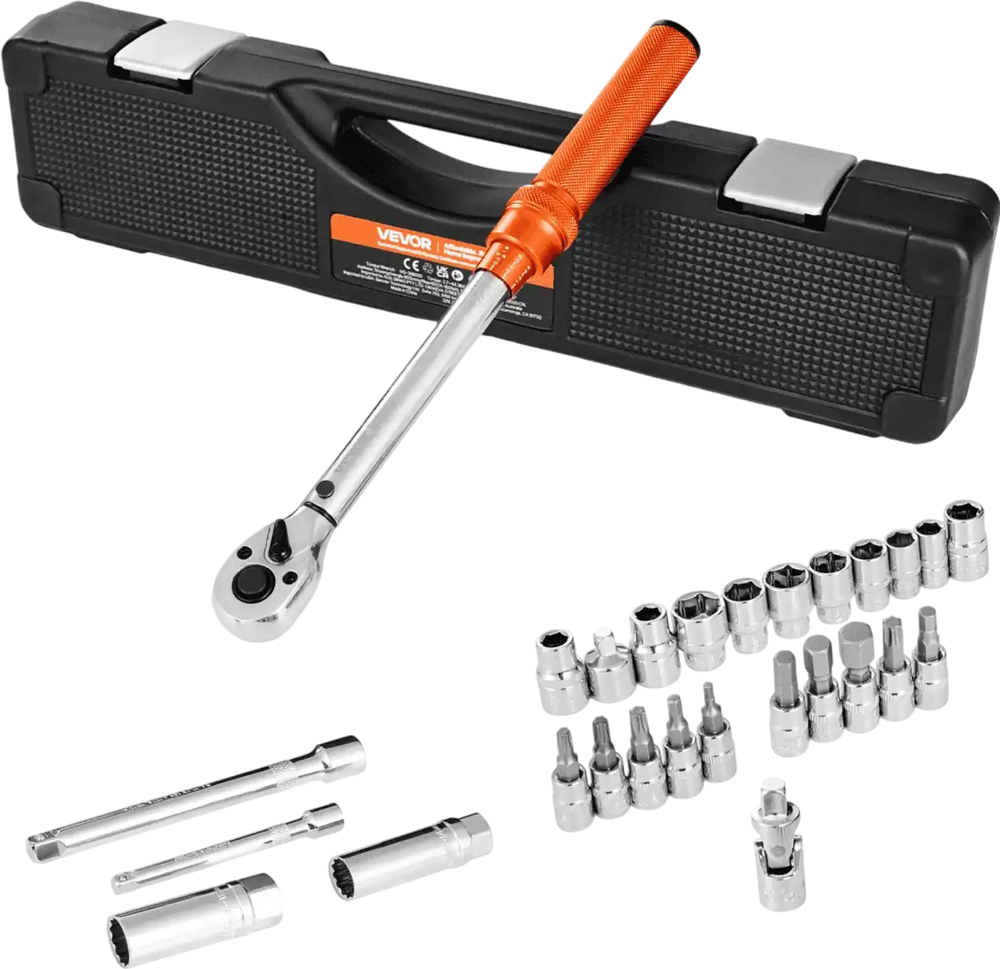 VEVOR Click Torque Wrench Set, 3/8 Inch Drive, 5-60 N.m / 3.7-44.3 lbf.ft, Dual-direction, 72-Tooth, ±3% High Precision, with Sockets, Bits, Extension Bar, Spark Plug Sockets, Adapter, Orange