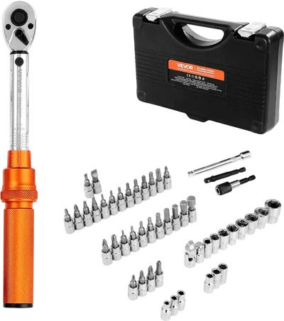 VEVOR Click Torque Wrench Set, 1/4Inch Drive, 20-240 lbf-in / 2.3-27.1N.m, Dual-direction and Dual Range Scales, 72-Tooth, ±3% High Precision, with Bits, Sockets, Adapters, Extension Bar, Orange