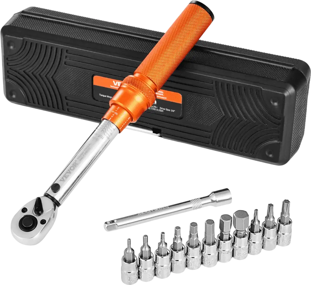 VEVOR Click Torque Wrench Set, 1/4Inch Drive, 20-200lbf-in/2.3-22.6N.m, Dual-direction and Dual Range Scales, 72-Tooth, ±3% High Precision, with Bit Sockets, Extension Bar, for Bicycle Repair, Orange
