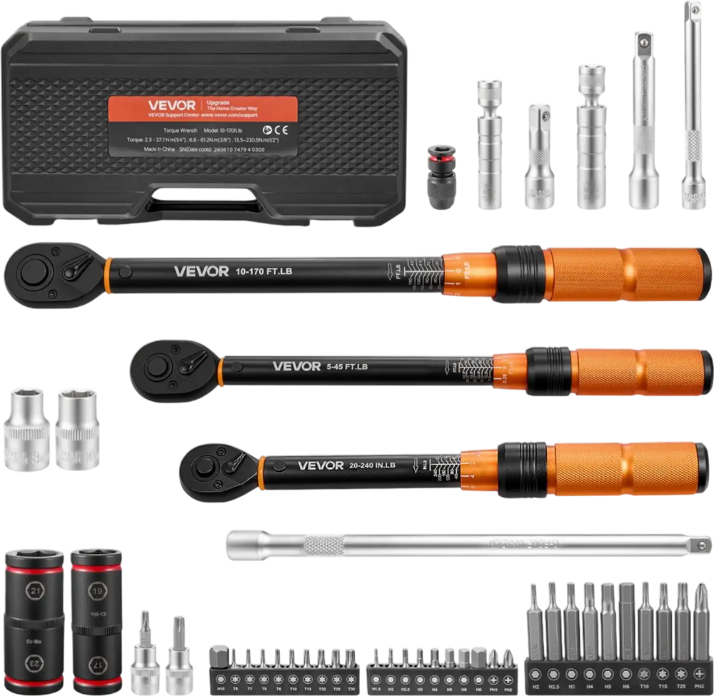 VEVOR Torque Wrench Set 1/4" 3/8" 1/2" Drive Click Torque Wrench 47-Piece, Dual Scale Readings, ±3% High Precision, with Spark Plug Sockets, Bits, Extension Bars, Storage Case, for Automotive Repair