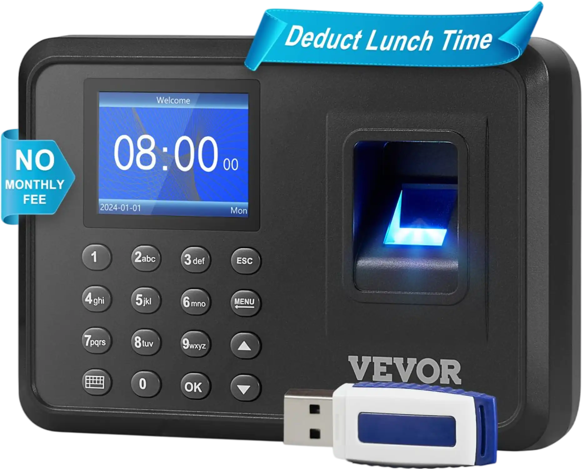 Vevor Time Clock Fingerprint Biometric Employee Attendance Machine New