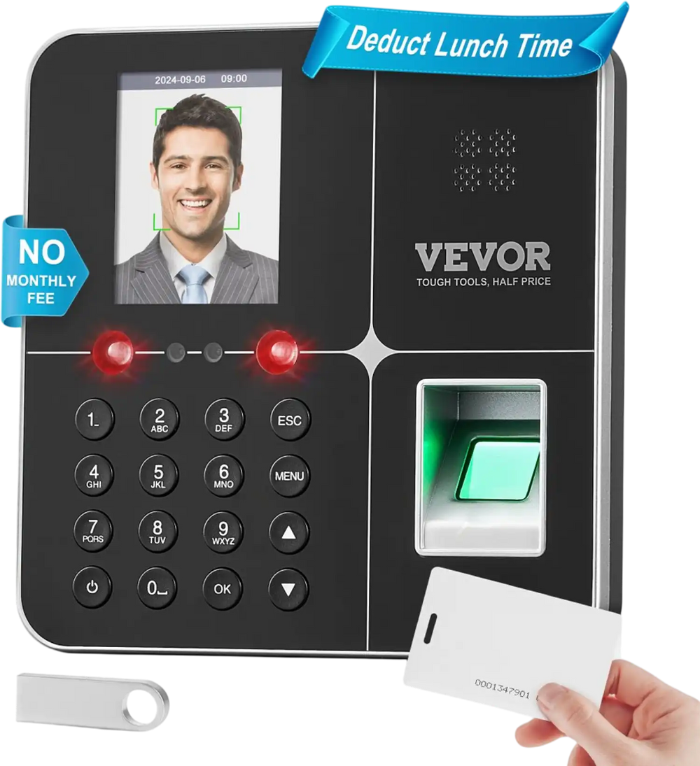 VEVOR Time Clocks for Employees Small Business with Face, Fingerprint, RFID and PIN Punching in One, Biometric Time Clock with 5 RFID Cards & USB Drive, Automatic Punch In/Out, No Monthly Fees