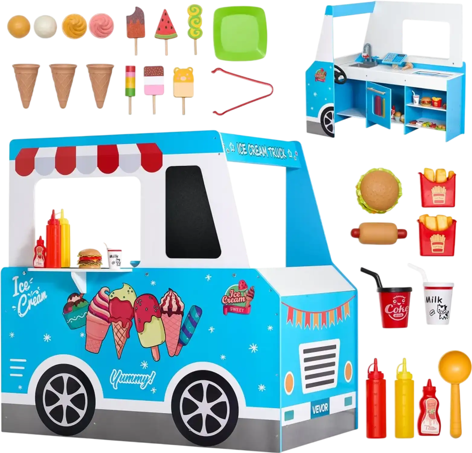 Vevor Pretend Play Stand Wooden Ice Cream Truck for Kids 3-7 New
