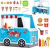 VEVOR Ice Cream Cart for Kids, 20+ PCS Ice Cream Truck Wooden Playset, Pretend Play Stand with Steering Wheel & Chalkboard, Payment Scanner & Freezer, Faucet & Sink, Suitable for Kids 3-7 Years Old