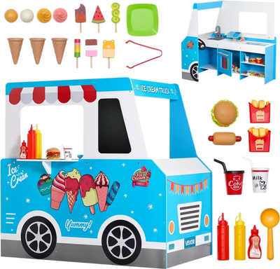 VEVOR Ice Cream Cart for Kids, 20+ PCS Ice Cream Truck Wooden Playset, Pretend Play Stand with Steering Wheel & Chalkboard, Payment Scanner & Freezer, Faucet & Sink, Suitable for Kids 3-7 Years Old