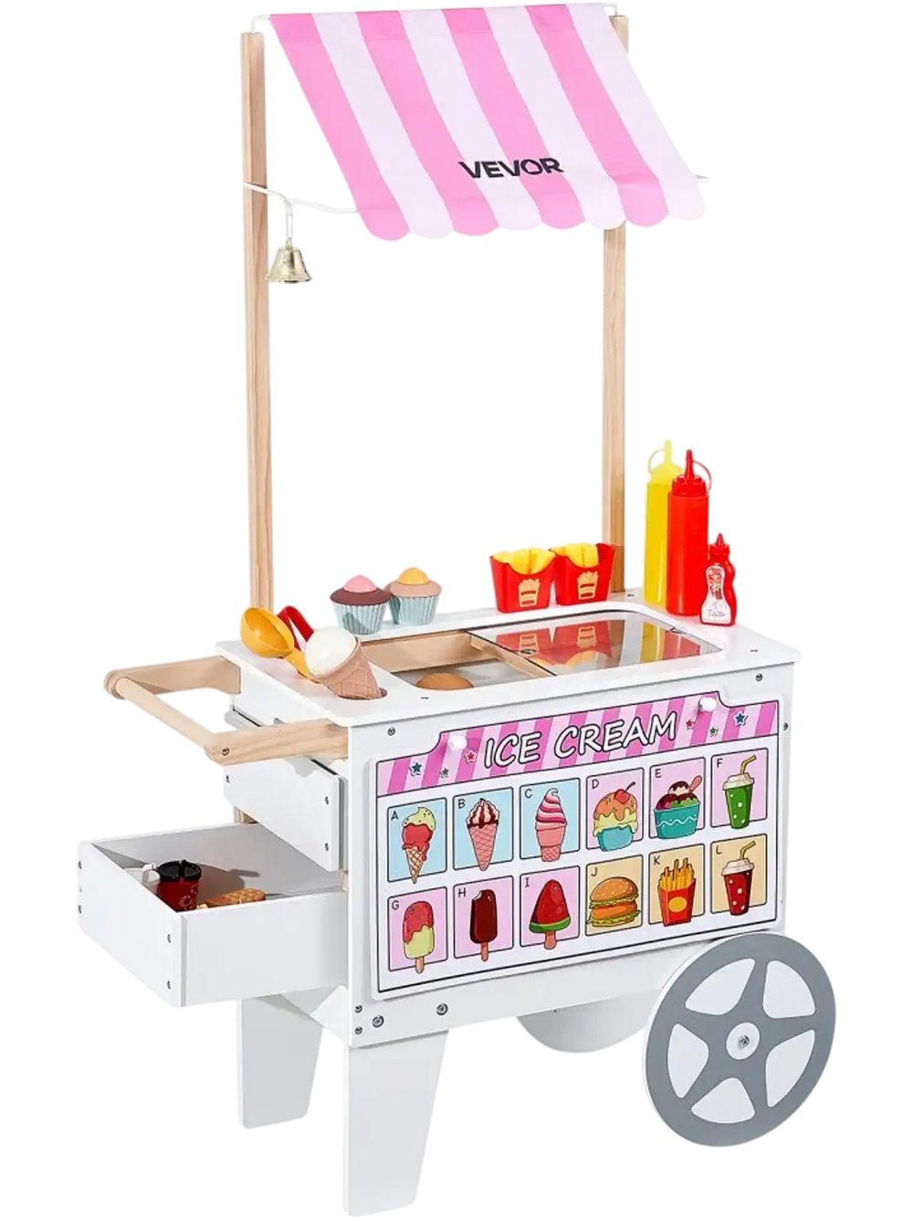VEVOR Ice Cream Cart for Kids, 20+ PCS Accessories, Pretend Play Ice Cream Shop Kitchen Food Toys with Ice Cream Cone & Popsicle, Awning & Freezer, Storage Drawers & Flipping Menus, For Kids Aged 3-7