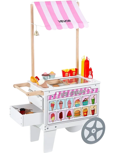 VEVOR Ice Cream Cart for Kids, 20+ PCS Accessories, Pretend Play Ice Cream Shop Kitchen Food Toys with Ice Cream Cone & Popsicle, Awning & Freezer, Storage Drawers & Flipping Menus, For Kids Aged 3-7