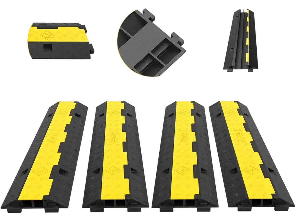VEVOR Cable Protector Ramp, 4 Packs 2 Channels Speed Bump Hump, Rubber Modular Speed Bump Rated 11000 LBS Load Capacity, Protective Wire Cord Ramp Driveway Rubber Traffic Speed Bumps Cable Protector