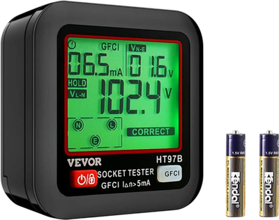 VEVOR Outlet Tester, Electrical GFCI Trip Tester, LCD Display Receptacle Detector for 7 Common Wiring Faults, 3 Prong Socket Detector with Auto Shutoff & Low Battery Indicator, CAT II 300V Rating