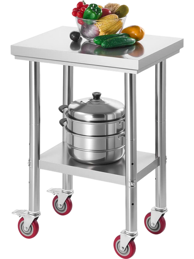 VEVOR Stainless Steel Table, 24 x 18 Inches Food Prep Worktable with Wheels, Kitchen Prep Table with Adjustable Undershelf Workstations for Commercial Kitchen, Restaurant, Hotel and Garage, Outdoor