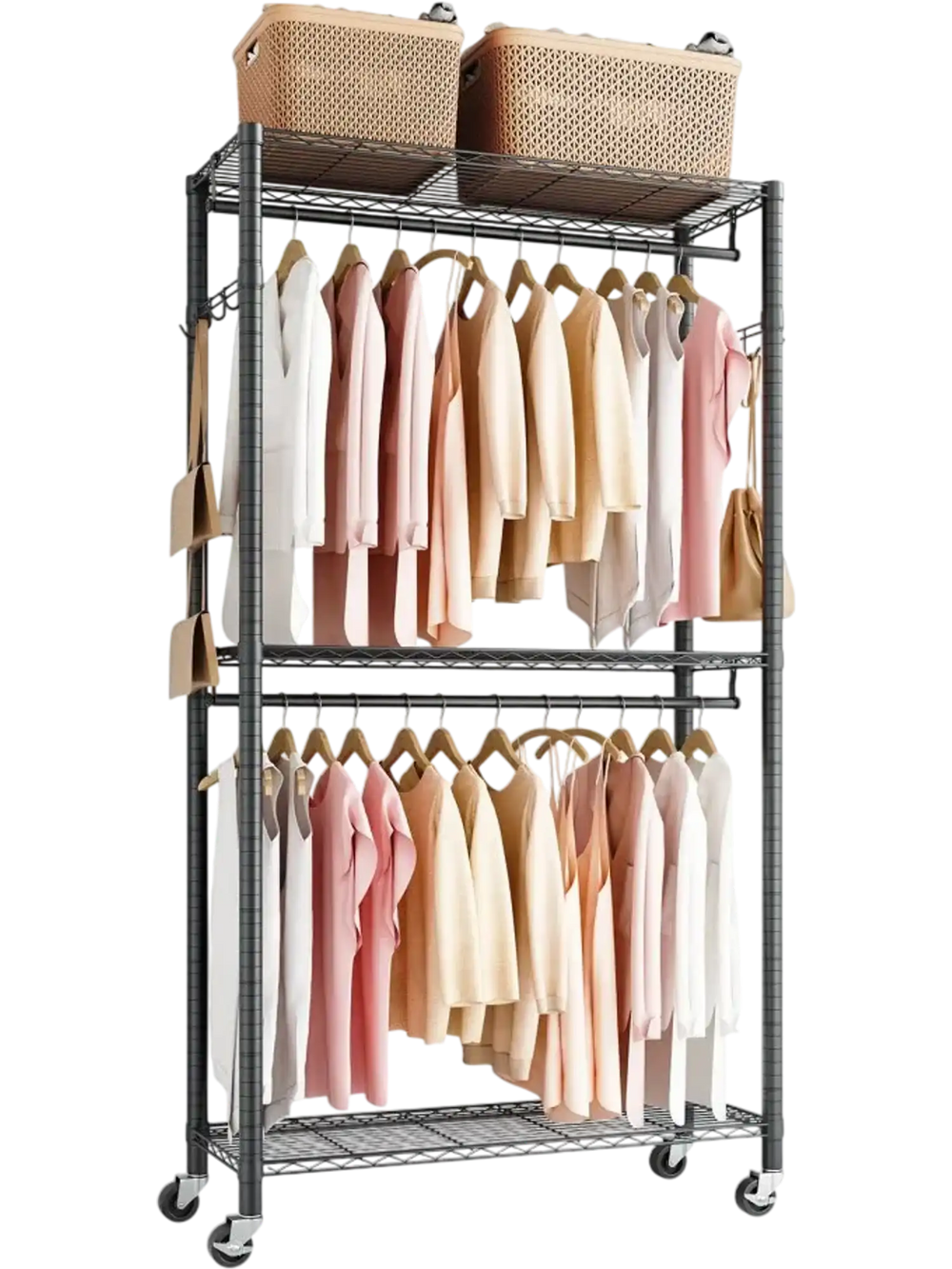 VEVOR Rolling Clothes Rack, Heavy Duty Clothing Garment Rack, 3 Adjustable Tiers Clothing Racks with Carbon Steel, 450 lbs Load Capacity Closet Wardrobe for Bedroom, Clothing Store, Hallway