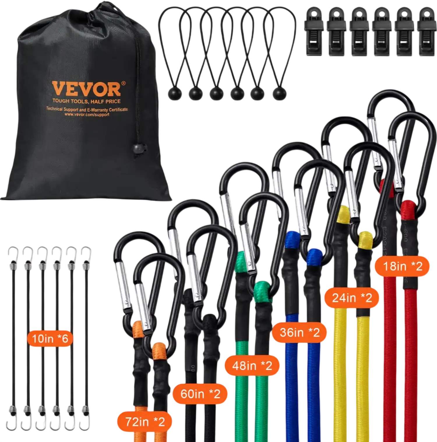 Vevor Bungee Cords 30-Piece Assortment 8 mm Heavy Duty Straps with Carabiners New