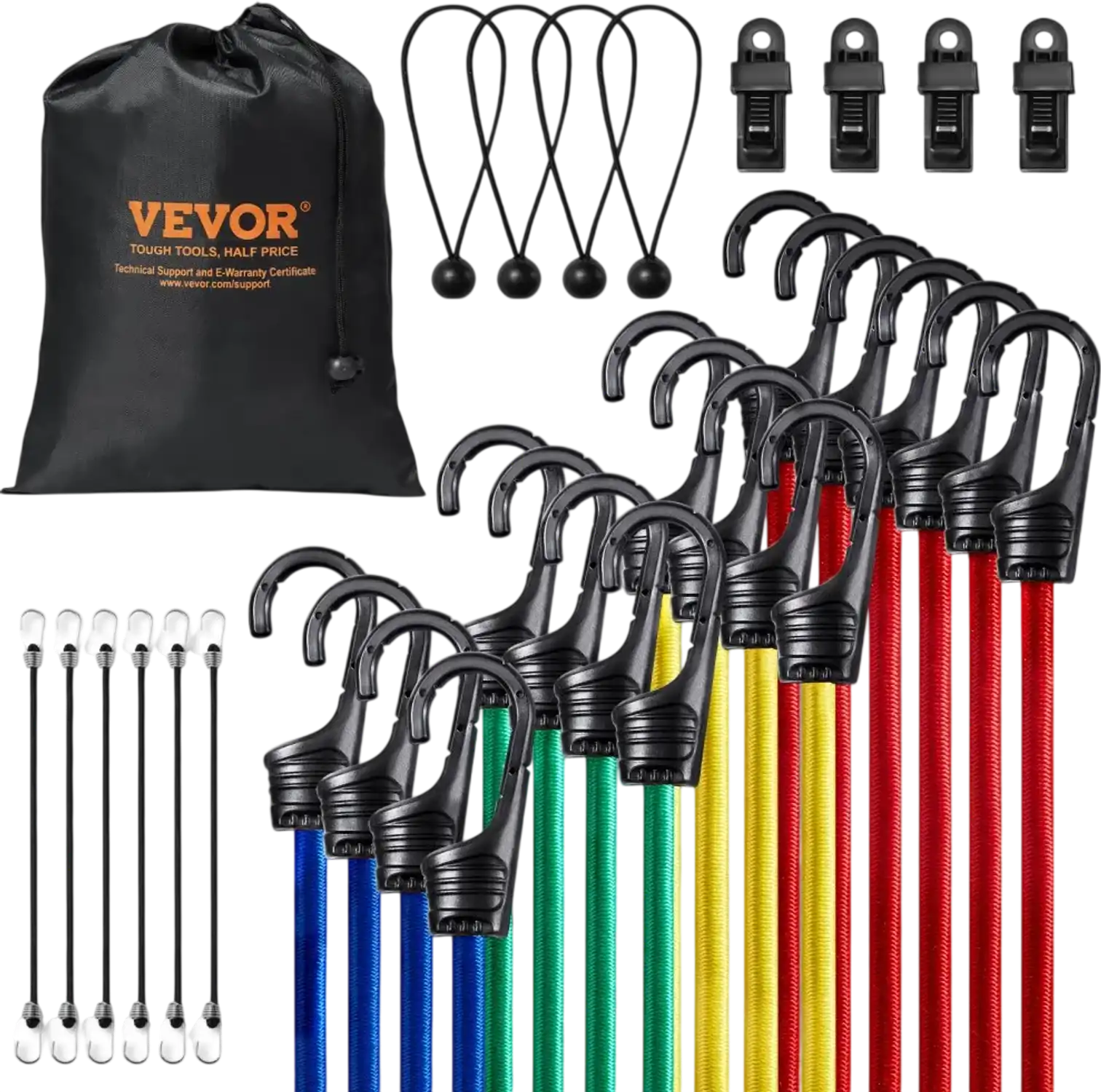 Vevor Bungee Cords 32-Pc 8 mm Heavy-Duty Assortment with A3 Steel Hooks New