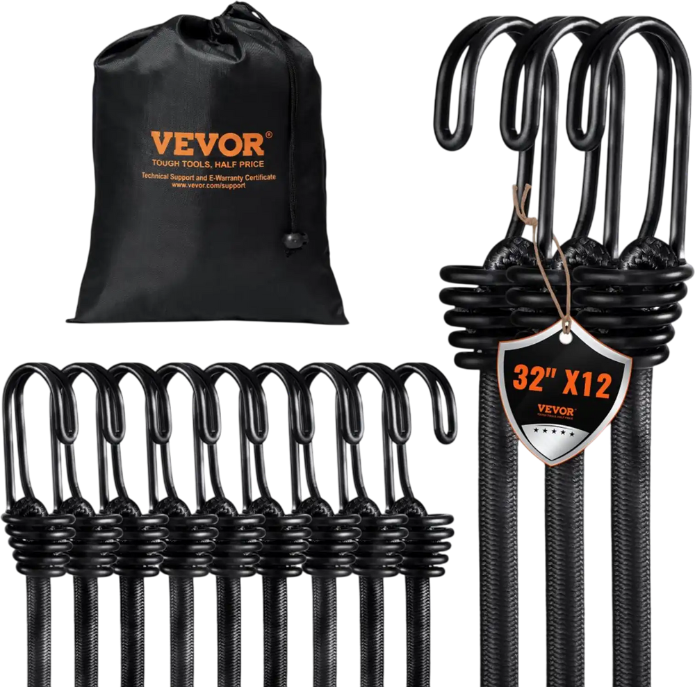 VEVOR 12 Piece Bungee Cords with A3 Steel Hooks, 32 Inch Heavy Duty Bungee Straps, 8 mm Elastic Bungee Ropes Set for Camping, Tarps, Motorcycle, Truck and Tent, Black