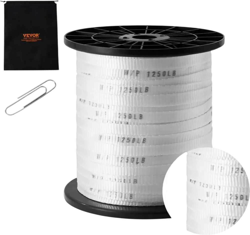 VEVOR Polyester Pull Tape, 1/2" x 528' Mule Tape Flat Rope, 1250 lbf Tensile Capacity, Printed Webbing Cable Pulling Tape for Packaging, Gardening, Commercial Electrical, Conduit Work, White