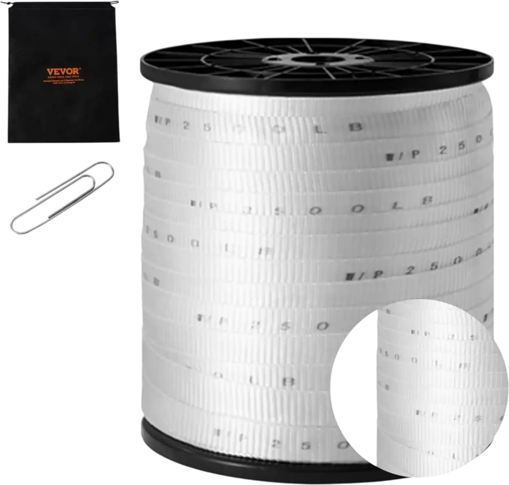 VEVOR Polyester Pull Tape, 3/4" x 528' Mule Tape Flat Rope, 2500 lbf Tensile Capacity, Printed Webbing Cable Pulling Tape for Packaging, Gardening, Commercial Electrical, Conduit Work, White