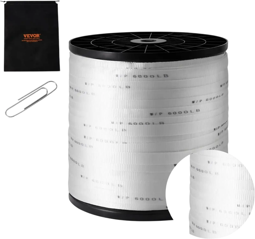 VEVOR Polyester Pull Tape, 1" x 2103' Mule Tape Flat Rope, 6000 lbf Tensile Capacity, Printed Webbing Cable Pulling Tape for Packaging, Gardening, Commercial Electrical, Conduit Work, White