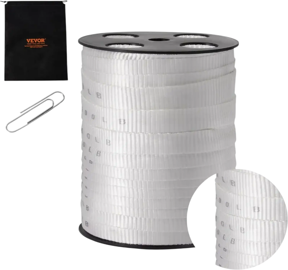 VEVOR Polyester Pull Tape, 3/4" x 265' Mule Tape Flat Rope, 2500 lbf Tensile Capacity, Printed Webbing Cable Pulling Tape for Packaging, Gardening, Commercial Electrical, Conduit Work, White