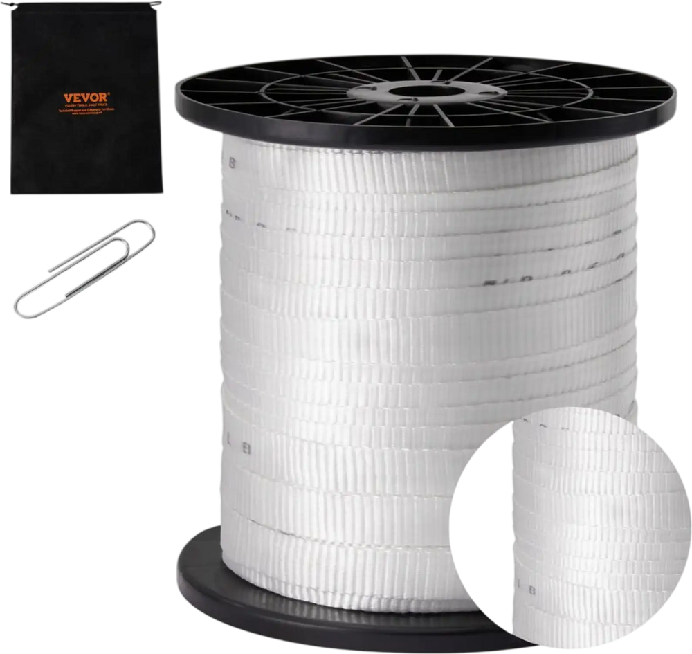 VEVOR Polyester Pull Tape, 3/4" x 318' Mule Tape Flat Rope, 2500 lbf Tensile Capacity, Printed Webbing Cable Pulling Tape for Packaging, Gardening, Commercial Electrical, Conduit Work, White
