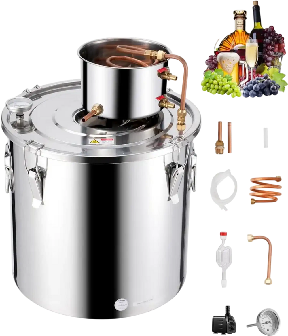 VEVOR Alcohol Still, 13.2 Gal / 50 L Stainless Steel Water Alcohol Distiller with Copper Coil, Home Brewing Refining Fermentation Kit with Thermometer & Pump, for Wine Whisky Brandy, Silver